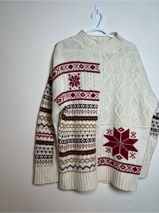 American Eagle Outfitters Sweaters - American Eagle Cozy Ivory Fair Isle Cable Turtleneck Sweater with Red Accents-L